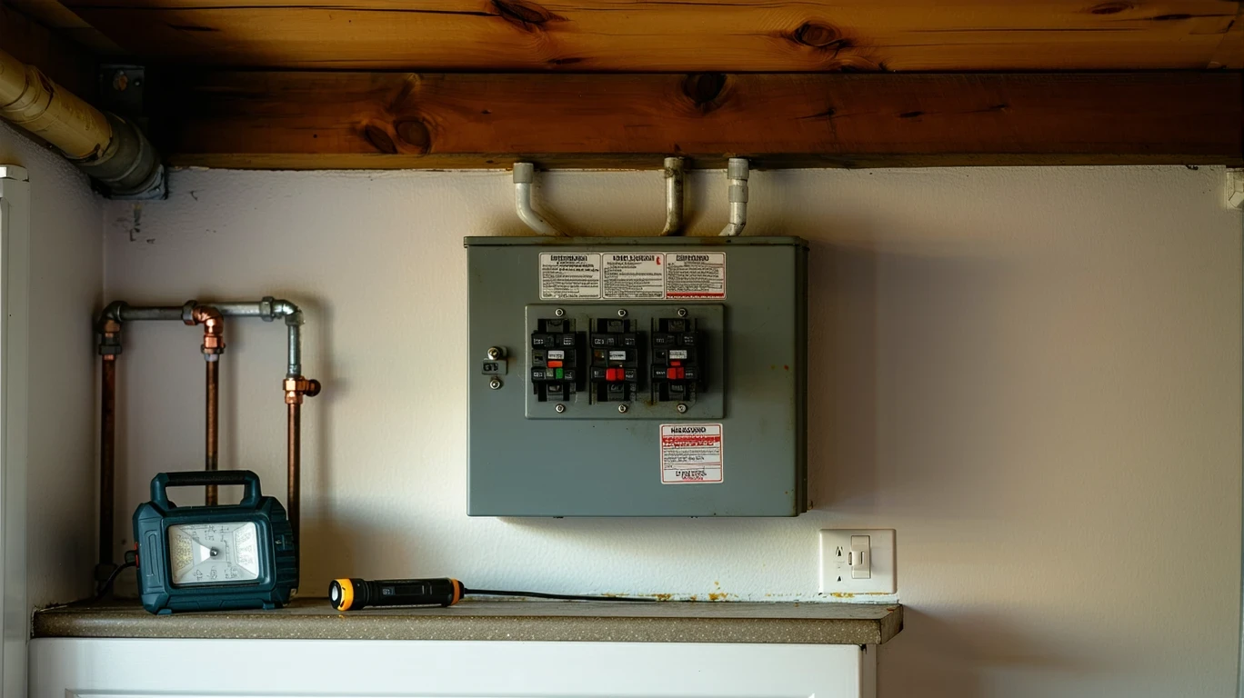 A labeled fuse box in a dimly lit basement, illuminated by a flashlight on a nearby ledge.