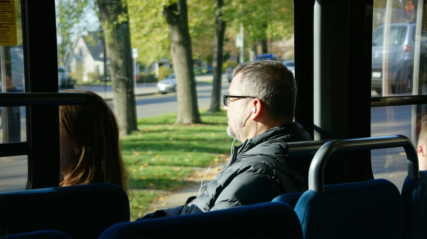 Man wearing earbuds sitting on a bus, looking out the window at passing trees and houses on a sunny day.