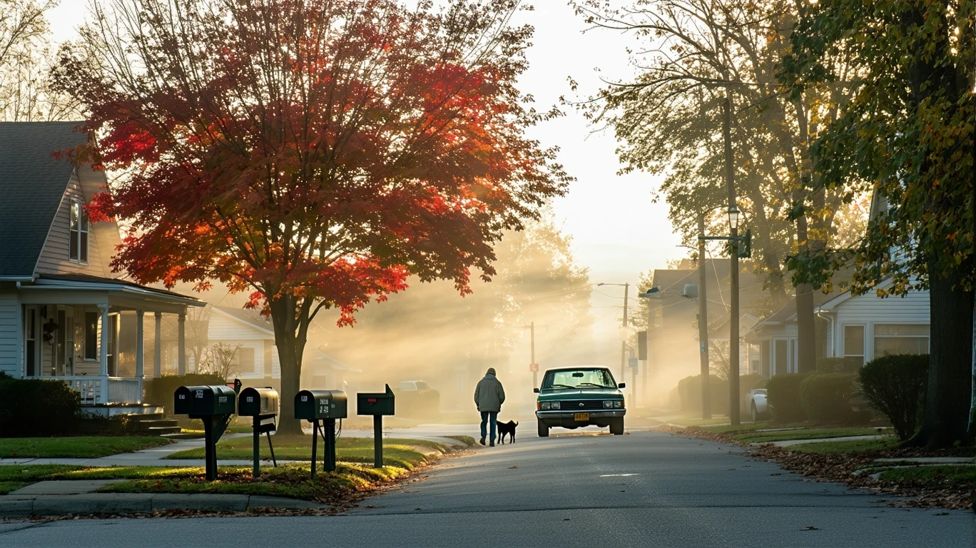 A misty suburban street in fall with a maple tree, older sedan, and person walking a dog.