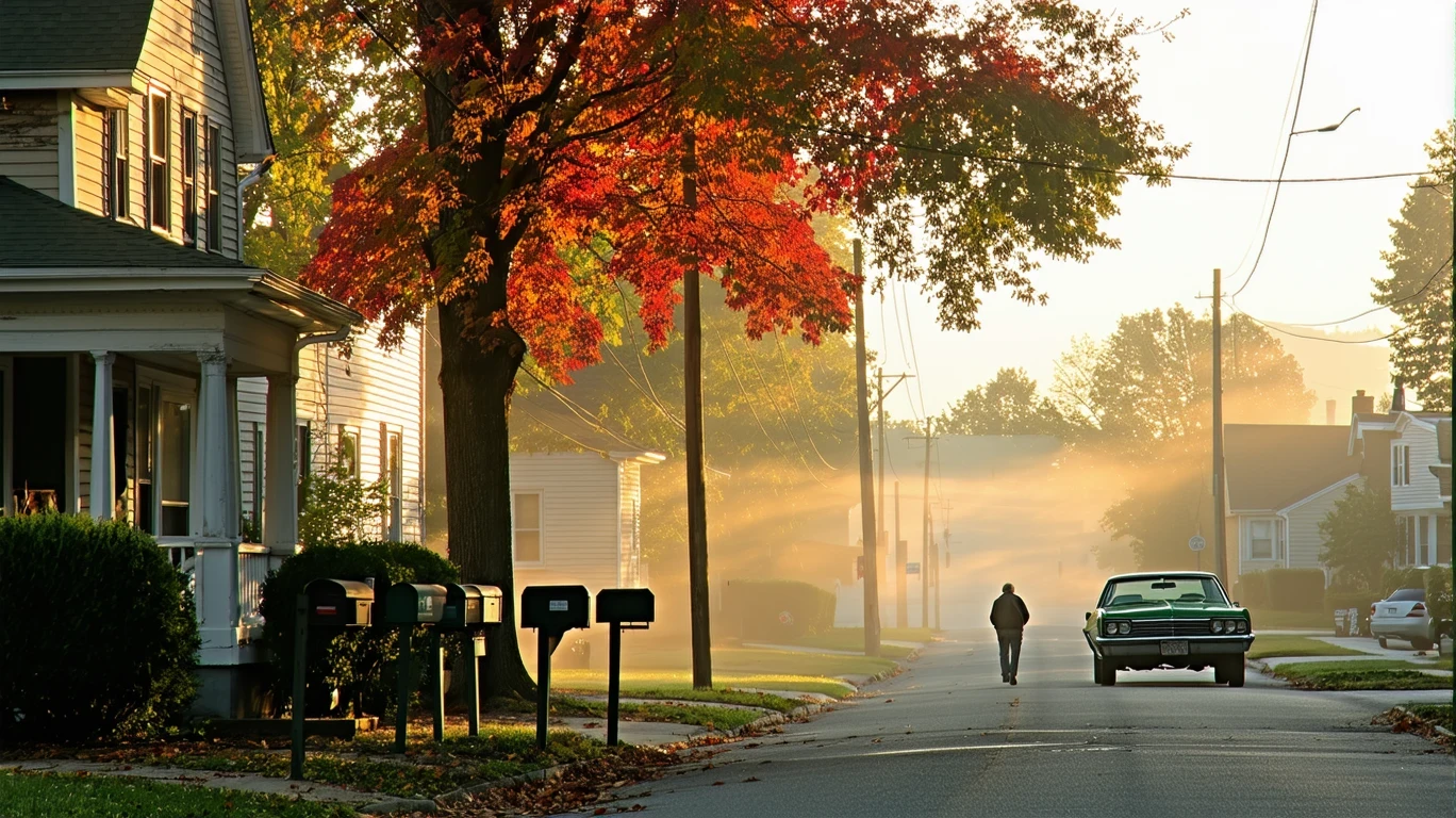 A misty morning street in Danville, KY with mailboxes, an old green car, and a red maple tree.