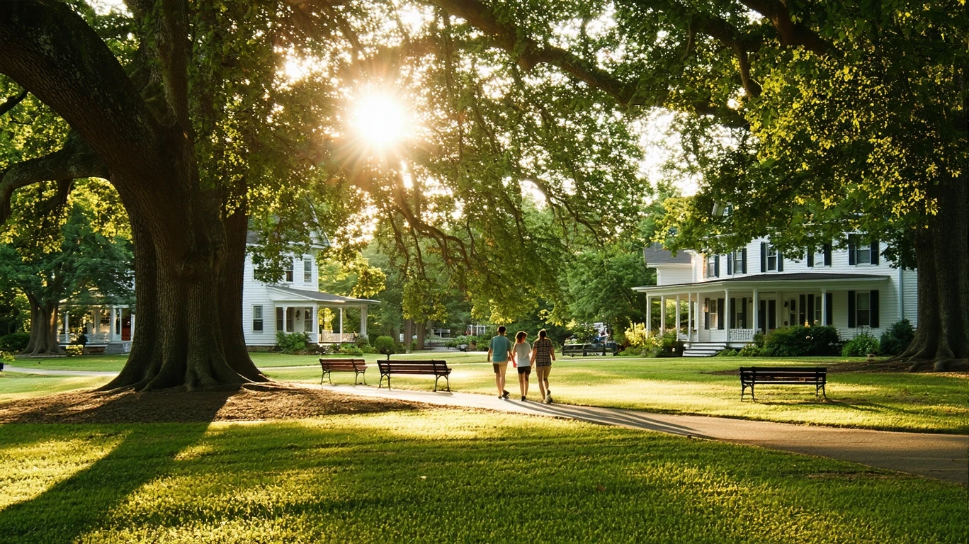 A serene park with old oak trees, empty benches, and golden afternoon light in a small Kentucky town.