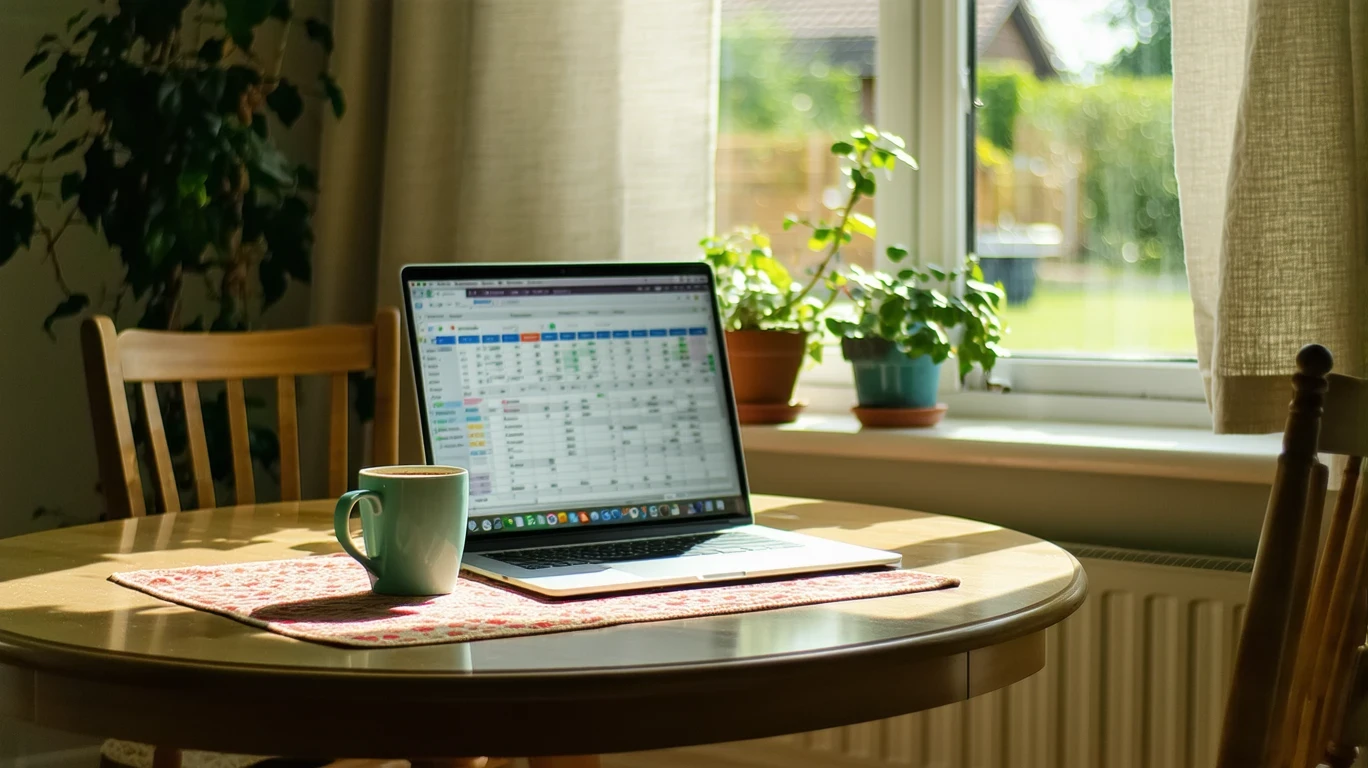 Laptop open to budgeting software on dining table with coffee mug.