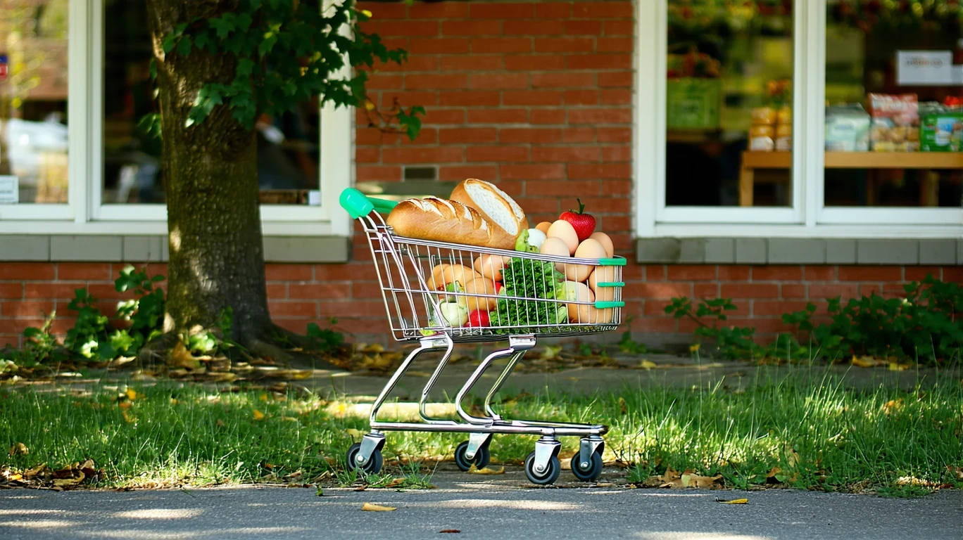 A grocery cart holding bread, eggs, and produce, stopped outside a local market entrance on a sunny day.