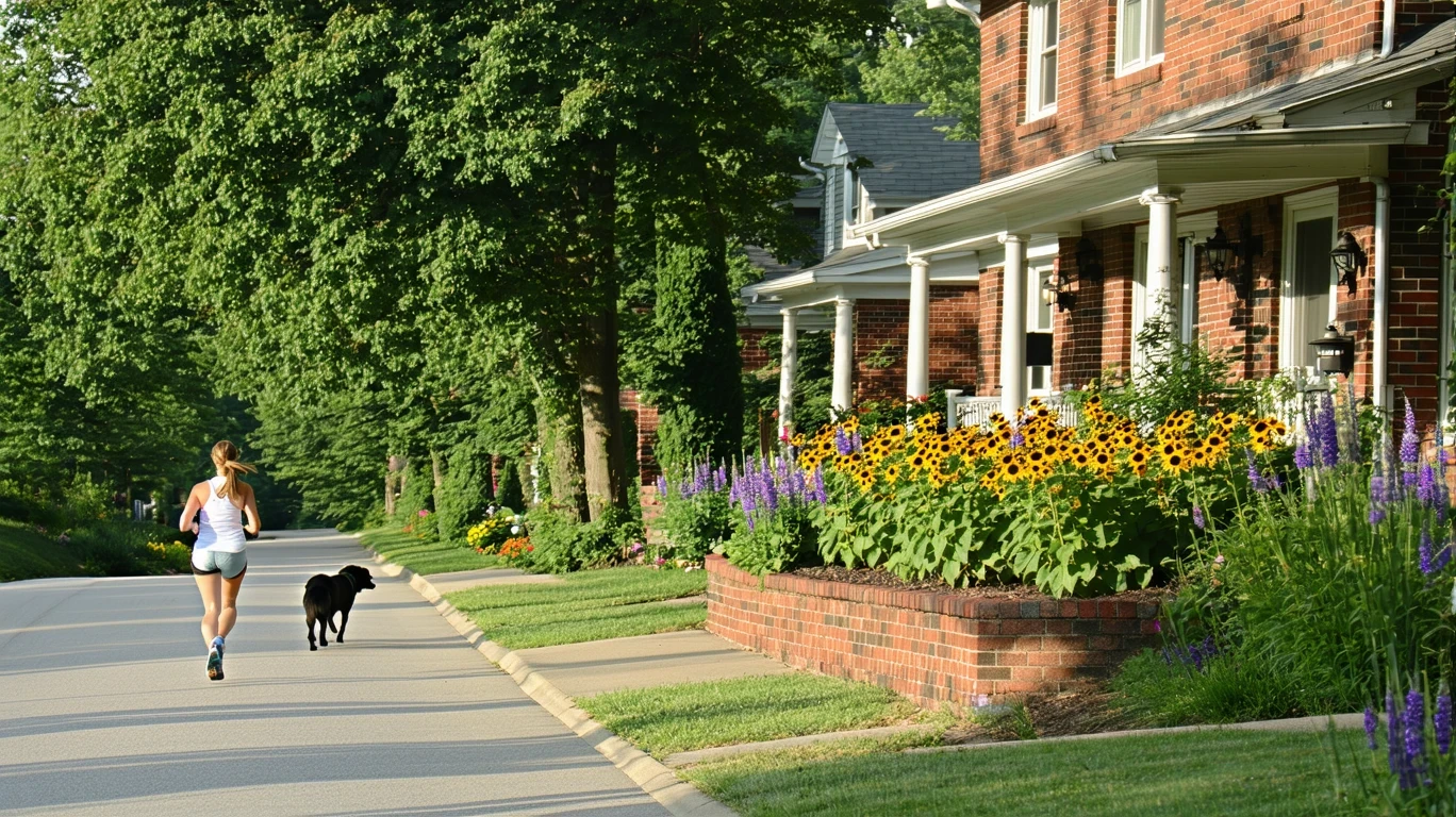 A tree-lined suburban cul-de-sac in Danville, Kentucky on a sunny morning, with brick homes, a low garden wall, and residents out walking.