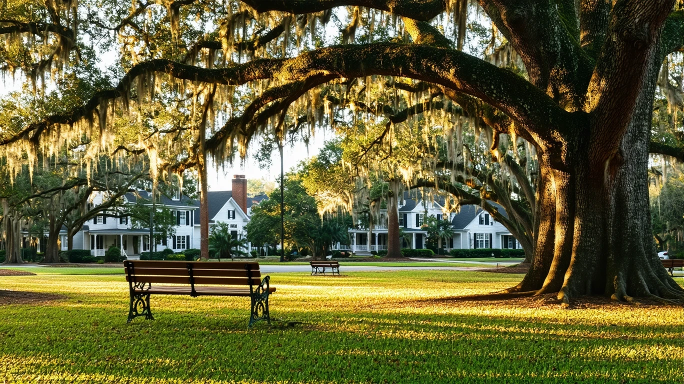 A sunlit park lawn with benches beneath old oak trees in Decatur, Georgia.