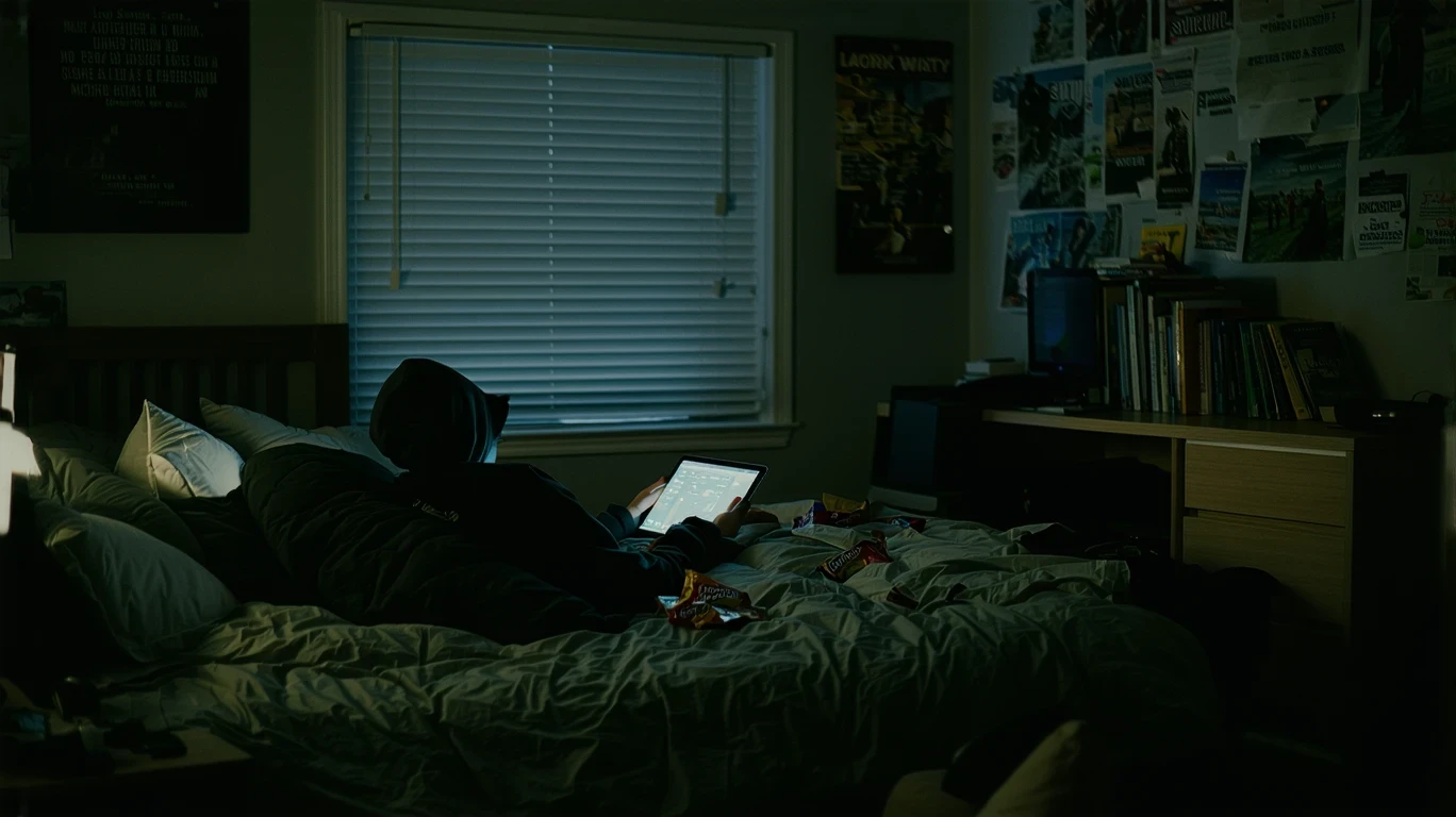 A teenager using a tablet while curled up on a bed in a dimly lit bedroom at night, with snack wrappers and a hoodie visible.