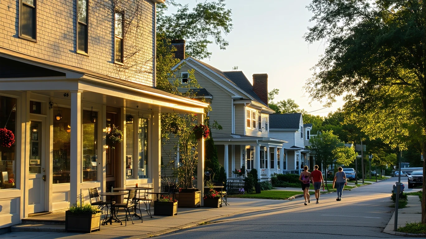 Quaint storefronts beside a residential street in Decatur, Georgia at dusk, with a couple walking and small patios out front.