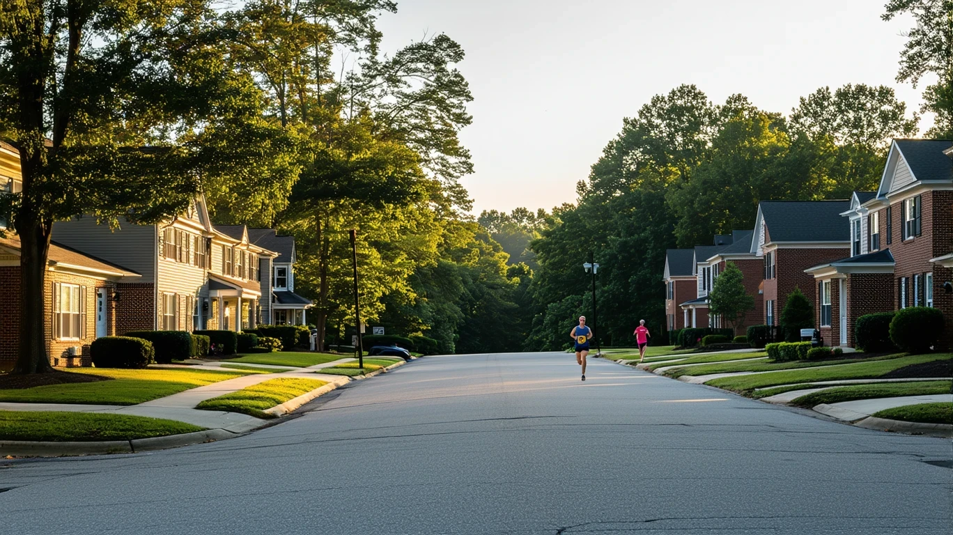 Suburban street in Marietta, Georgia at sunrise with one-story homes, manicured lawns, and a jogger in the distance.