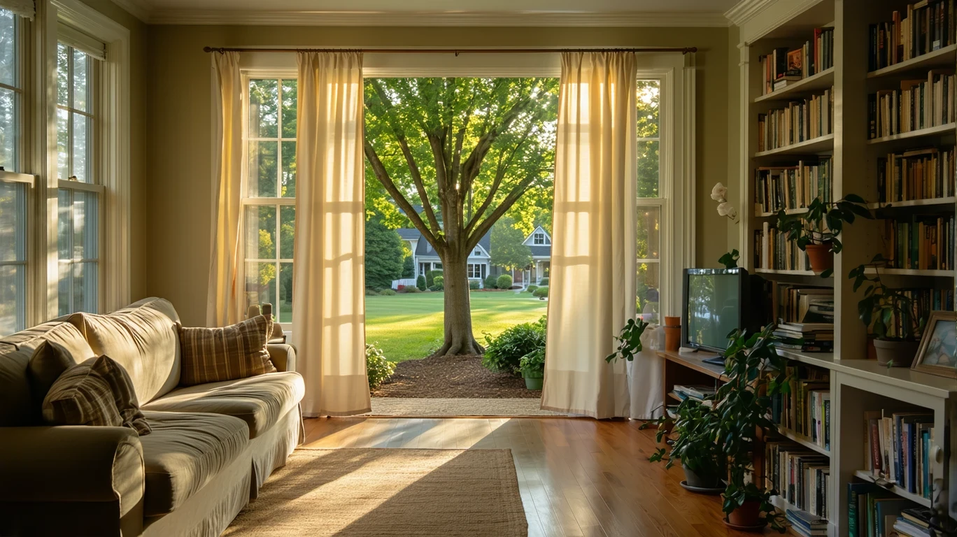 A cozy living room with a couch and bookshelf, illuminated by soft light filtering through sheer curtains.