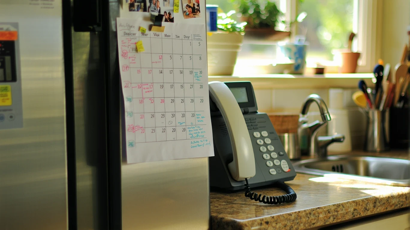 A calendar with circled payment dates pinned near a kitchen phone in a tidy suburban home.