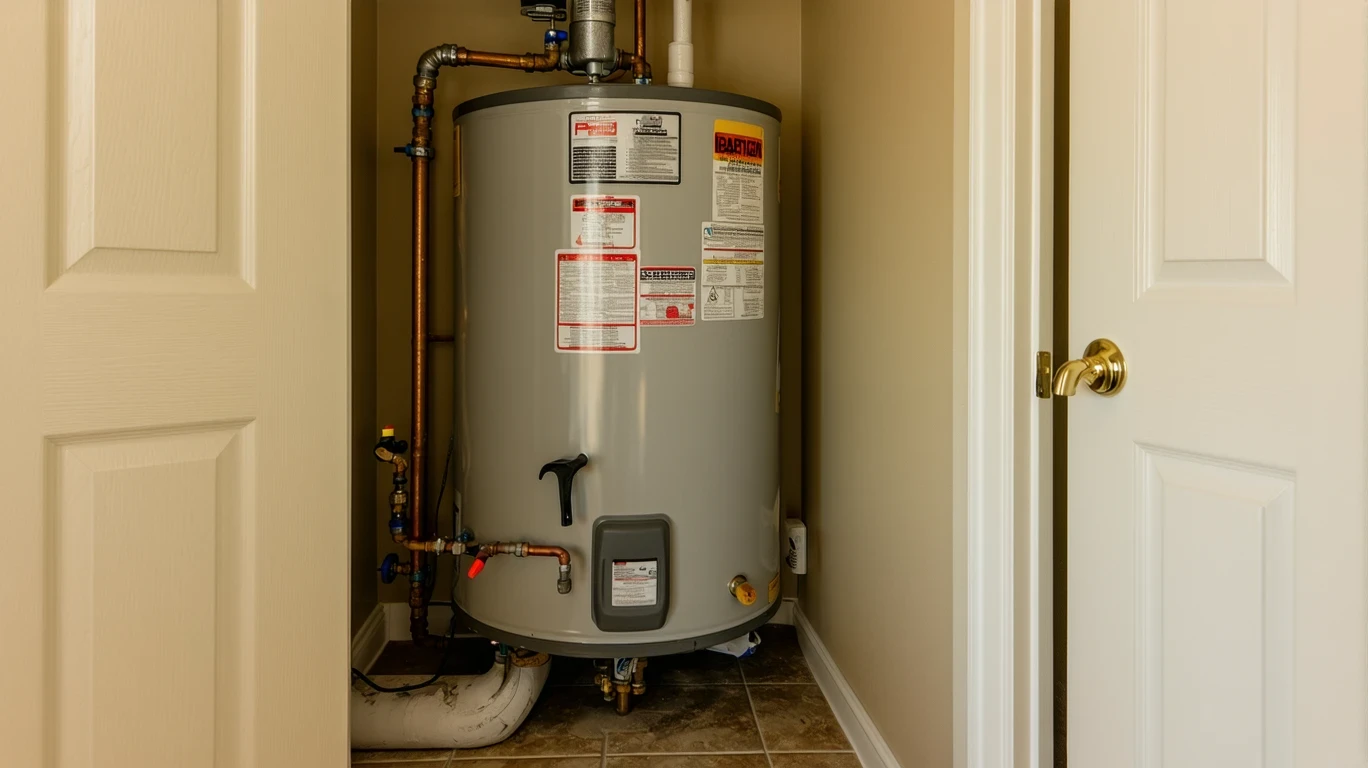 A water heater closet with manufacturer stickers, a wrench on a shelf, and scuffed floor tiles.