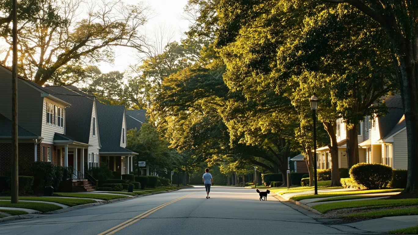 A tree-lined residential street in Decatur, Georgia in the early morning light, with one-story homes and a person walking a dog.