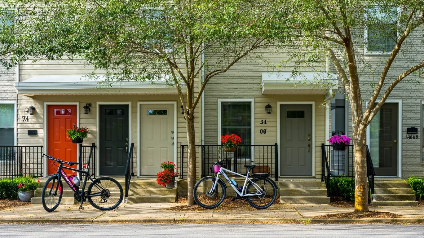 A row of small apartments in Decatur, GA with potted plants by the doors and two bicycles resting against the railing.