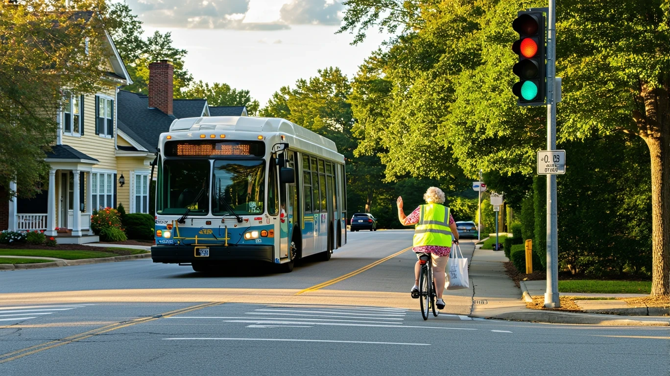 A MARTA bus approaches a crosswalk where a cyclist waits in a tree-lined Atlanta suburb at golden hour.