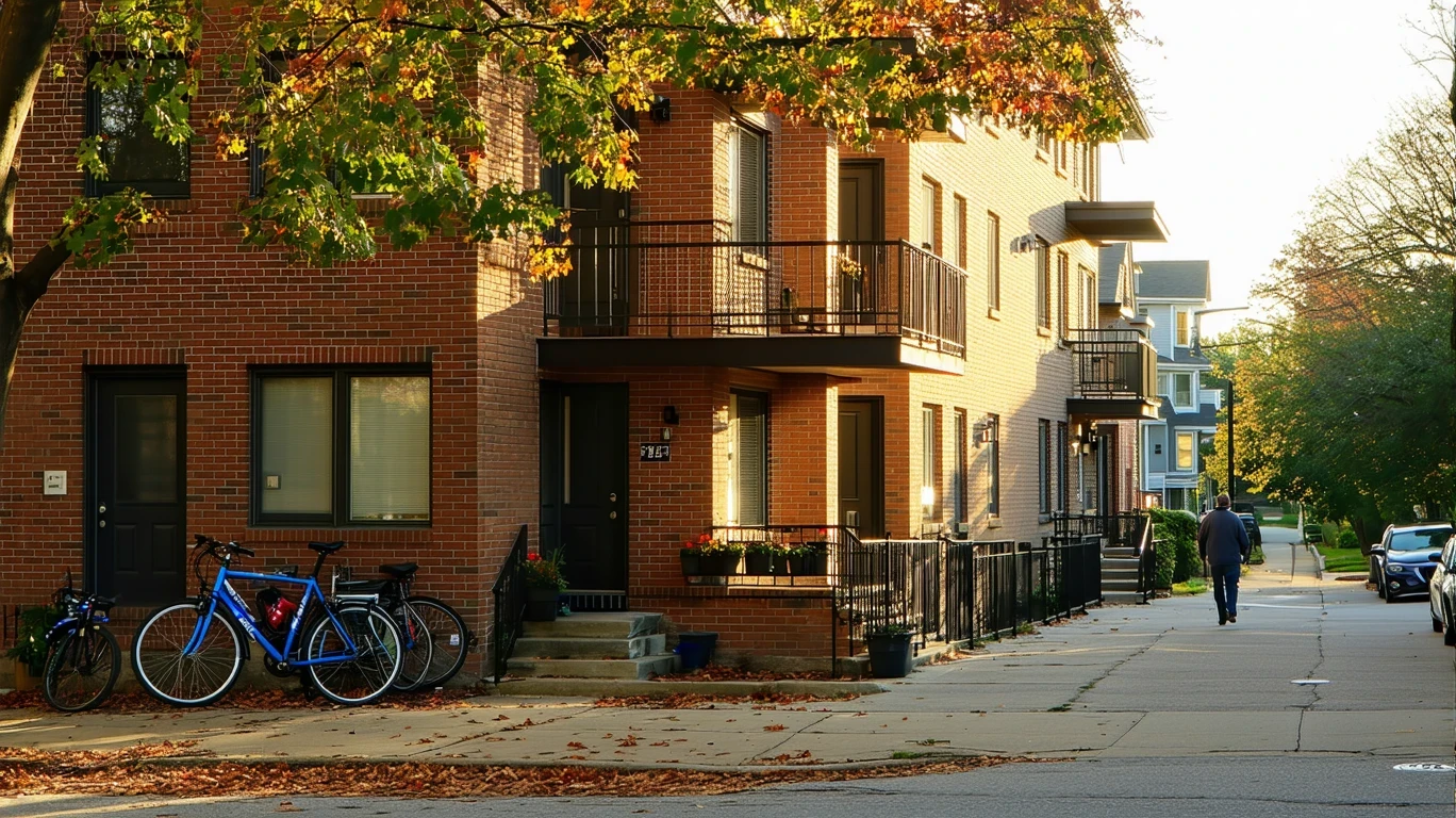 A small brick apartment building on a tree-lined street in Decatur, GA with potted plants and bicycles by the front doors.