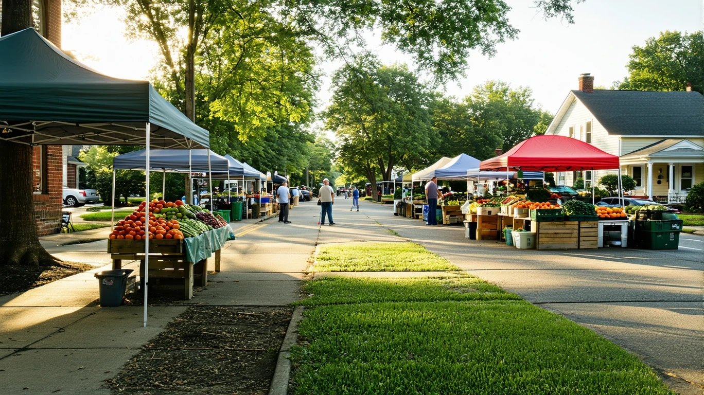 A peaceful farmer's market scene in Decatur, Georgia on a sunny morning, with a few locals shopping at produce stalls.