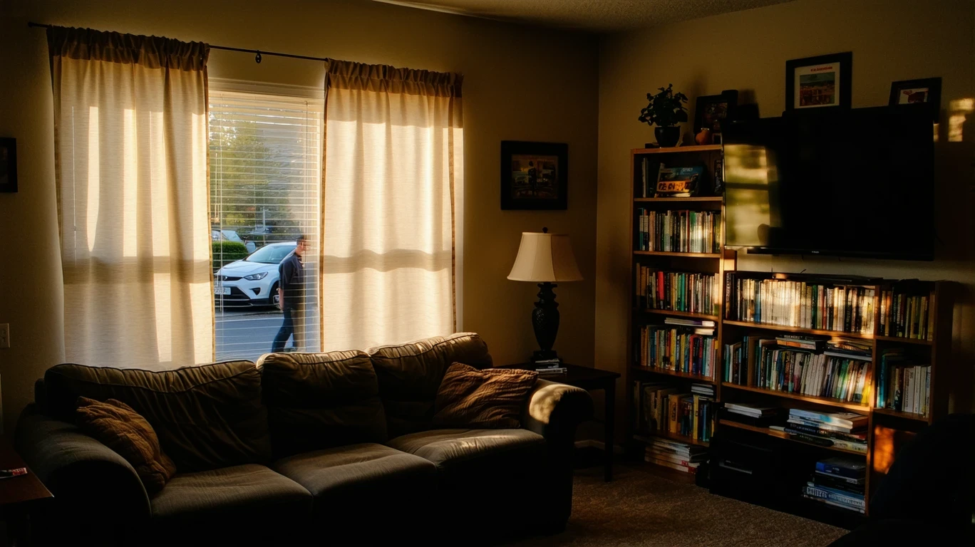 A cozy living room with a couch and bookshelf, illuminated by soft light filtering through sheer curtains.