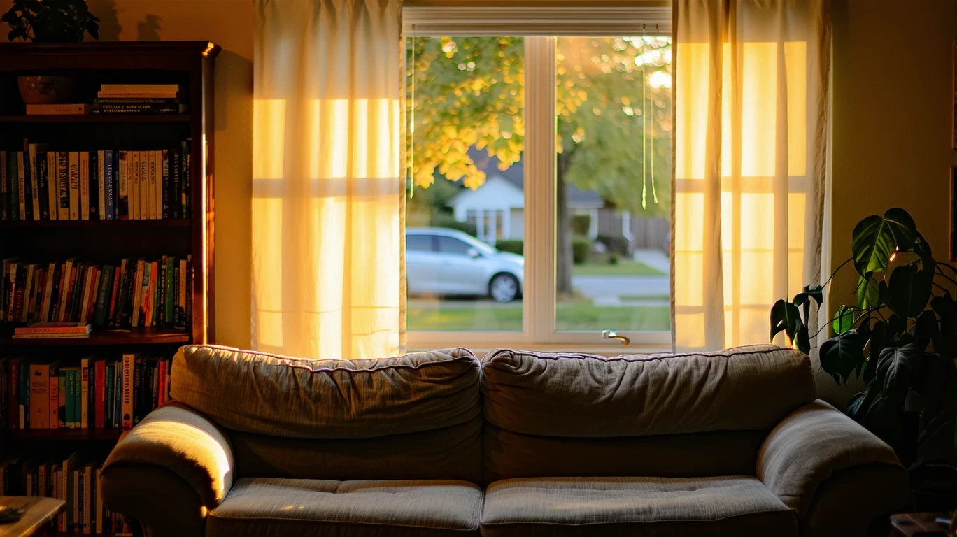 A cozy living room in a Del City home, with soft light coming through curtains and illuminating a couch and bookshelf.