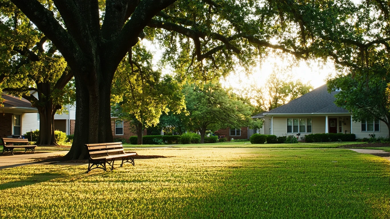 A park lawn with benches beneath oak trees, golden-hour light, and suburban homes visible in the background in Del City, Oklahoma.