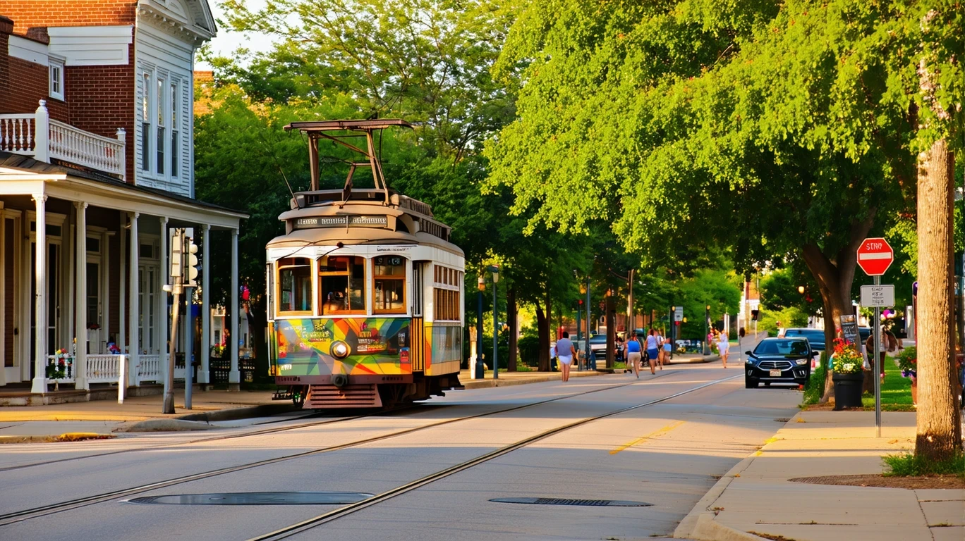 A colorful trolley turning onto a tree-lined street in downtown Del City, Oklahoma.