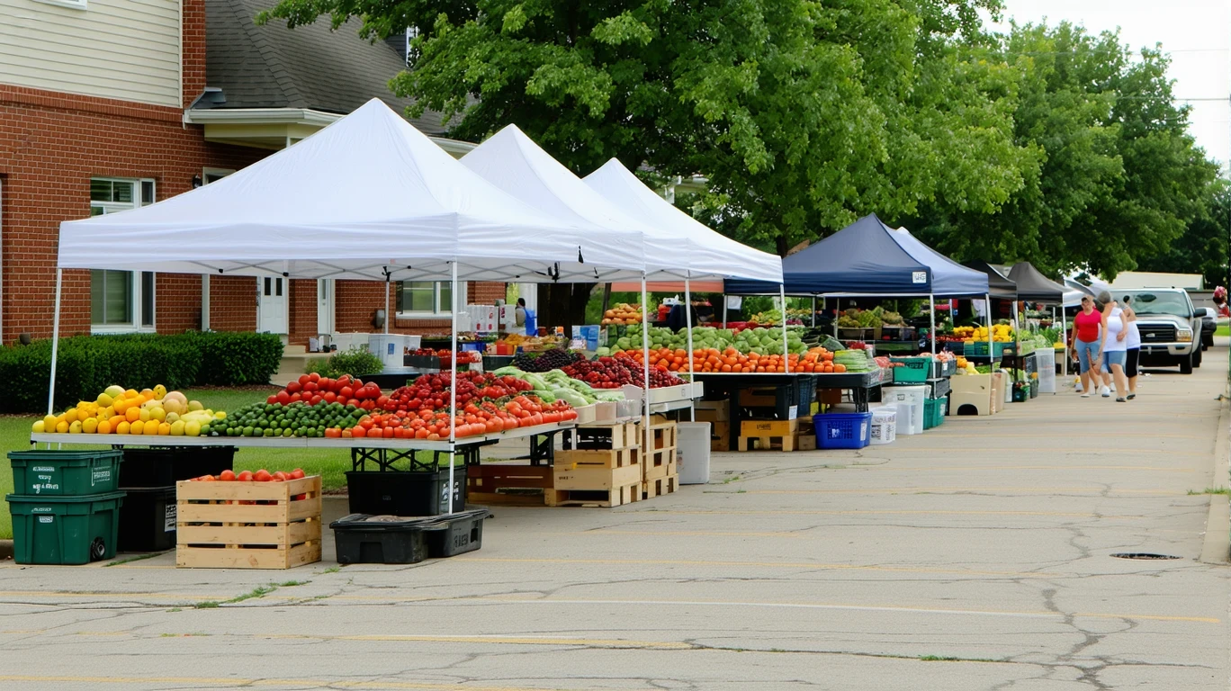 Vendors setting up produce stands at an outdoor farmer's market on a sunny morning.