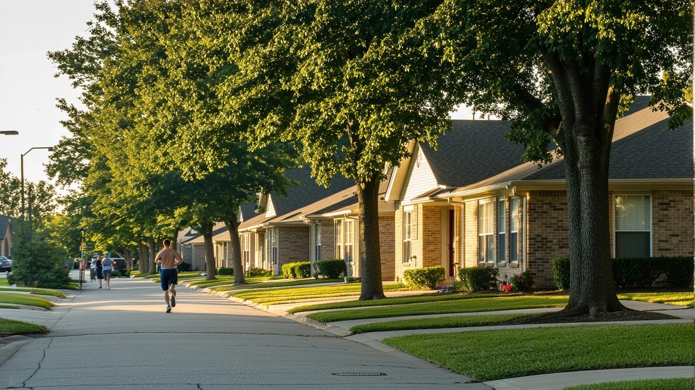 Residential street in Del City, Oklahoma with one-story homes and trees in morning light.