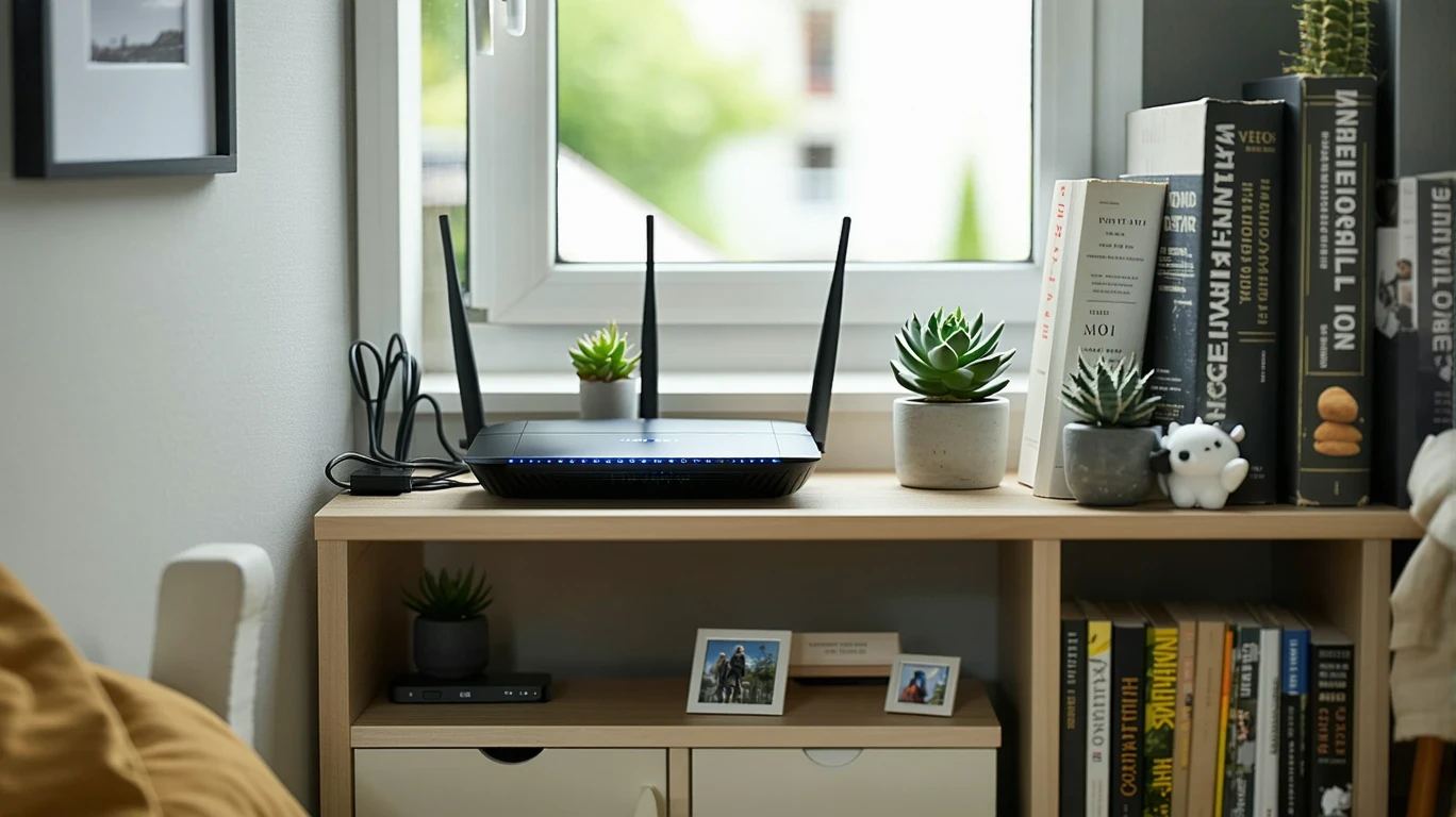 A wireless router and modem on a shelf in a tidy home office corner, with soft natural lighting.