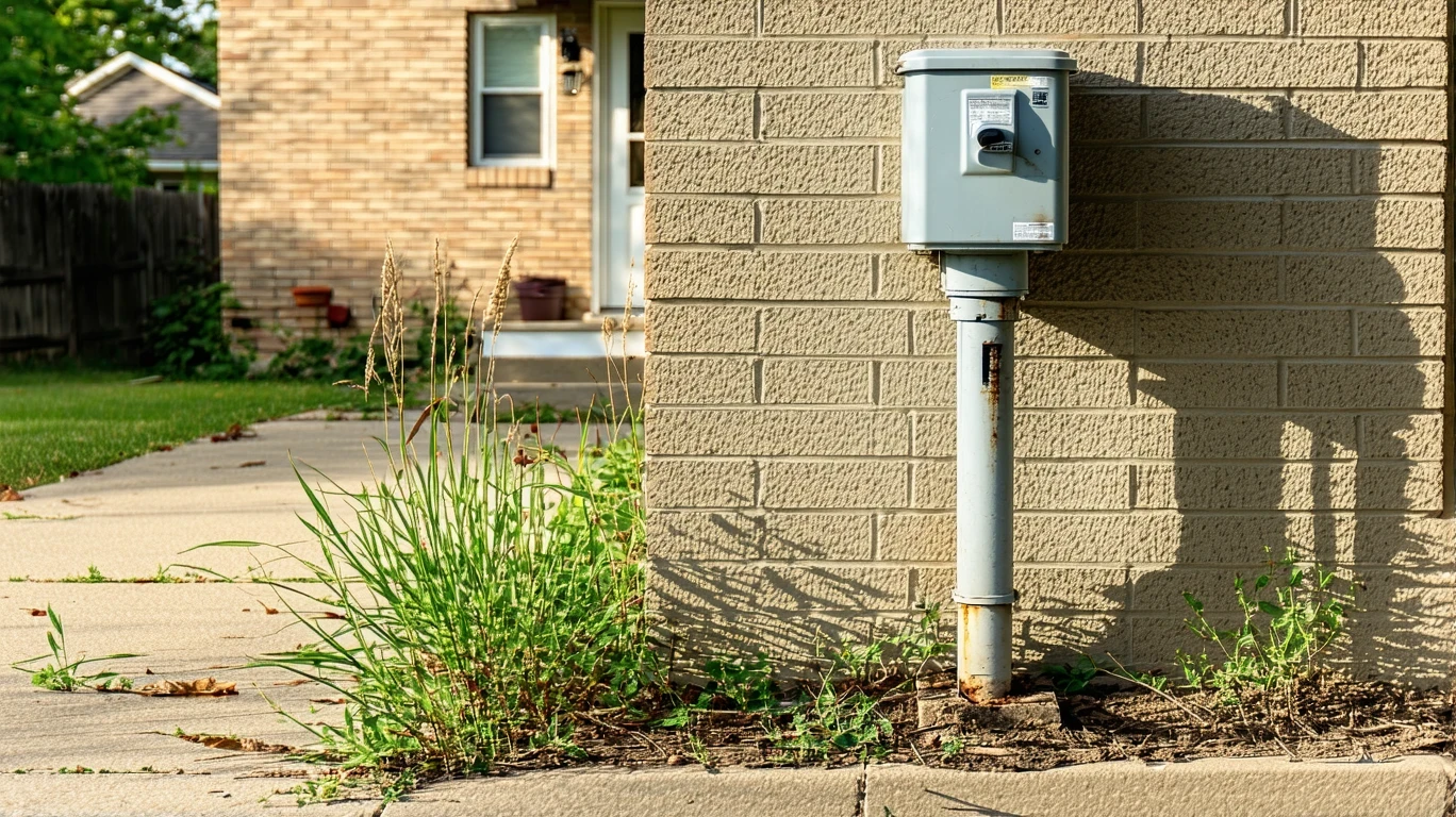 A slightly dusty residential natural gas meter alongside a brick home, with trees and yard visible