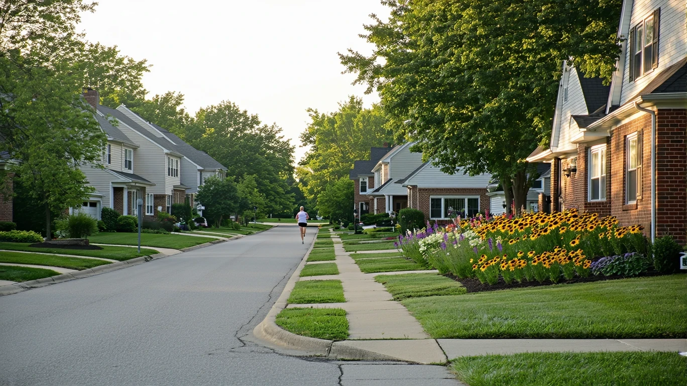 A quiet suburban cul-de-sac in morning light, with modest well-kept homes, a low brick wall with native plants, and long shadows on the sidewalk.