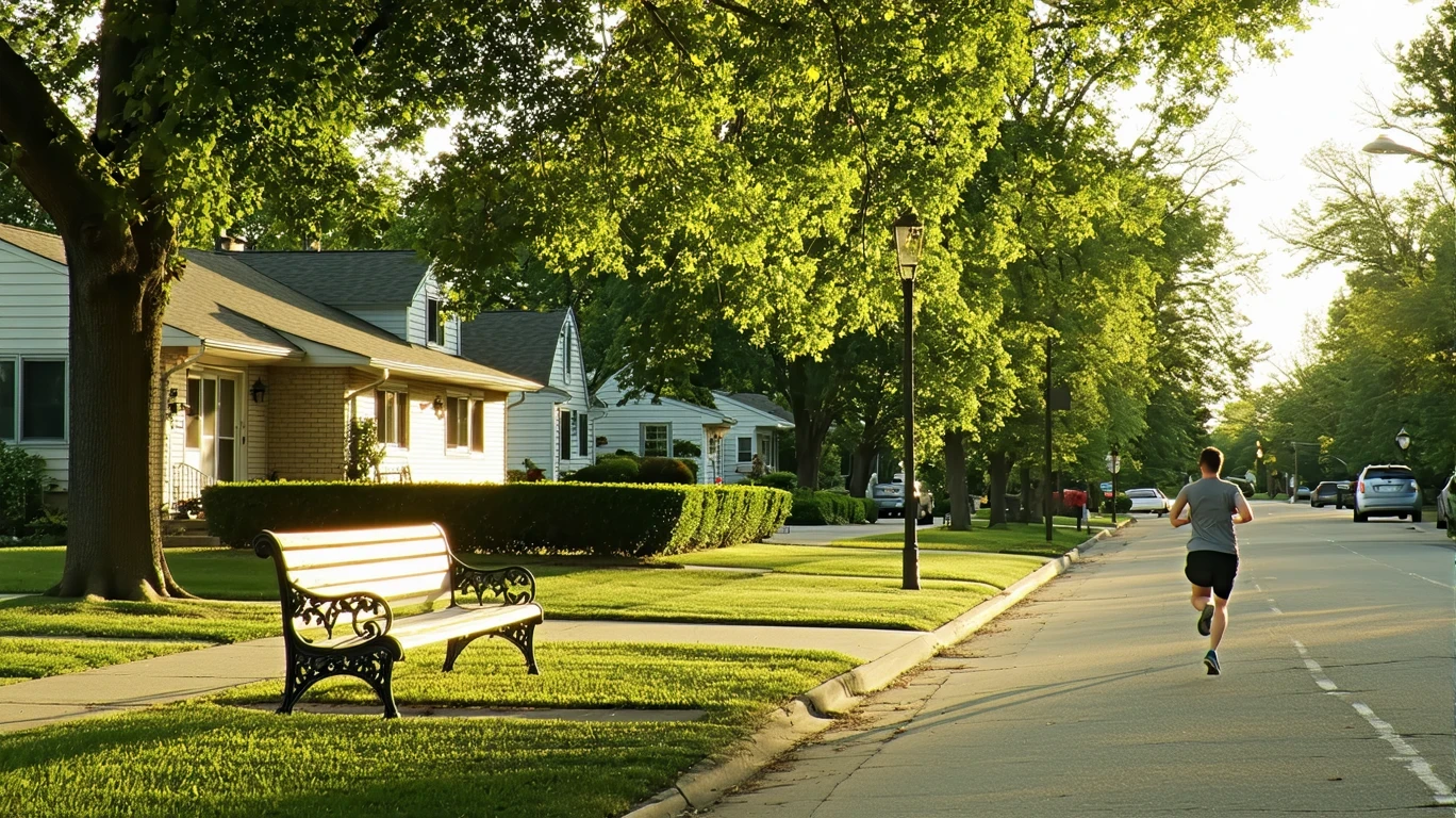 A suburban neighborhood park in Des Plaines with a bench near a sidewalk and surrounding homes.