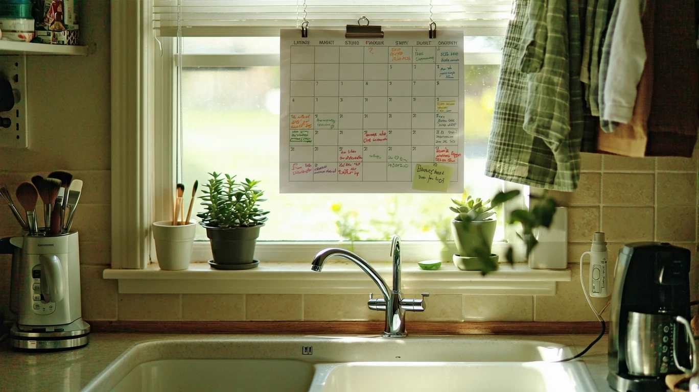 A suburban kitchen with a calendar showing circled payment dates pinned near a wall phone.