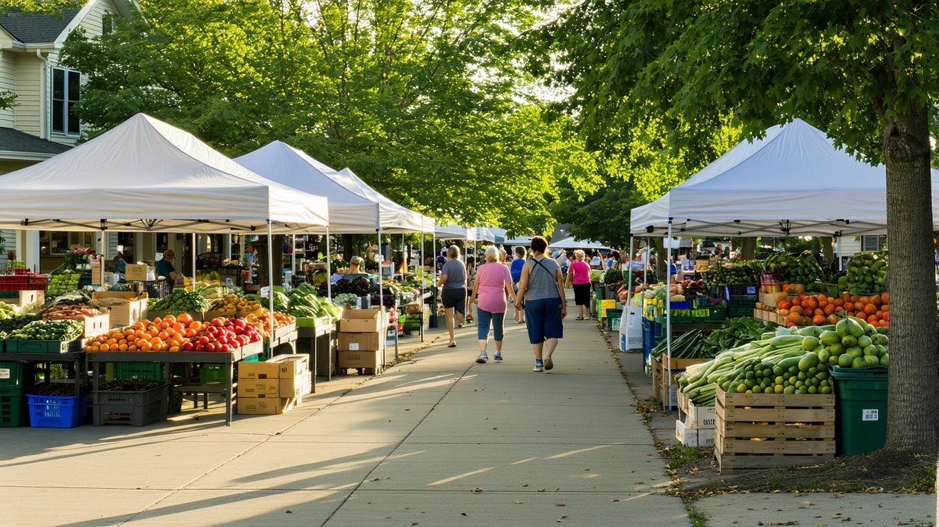 Vendors arranging produce at a suburban farmer's market in the morning sun.