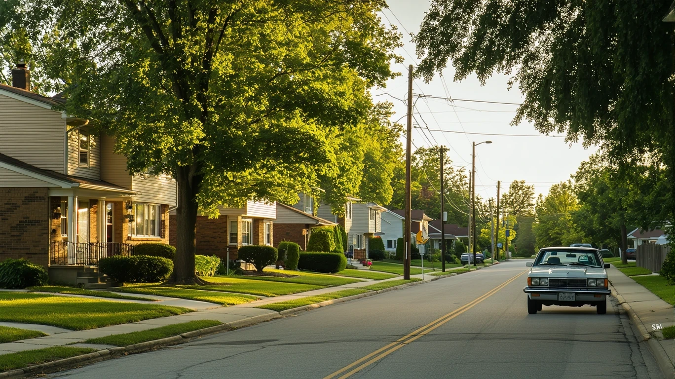 A residential street in Des Plaines, Illinois with older homes, some patchy grass, and a parked car.