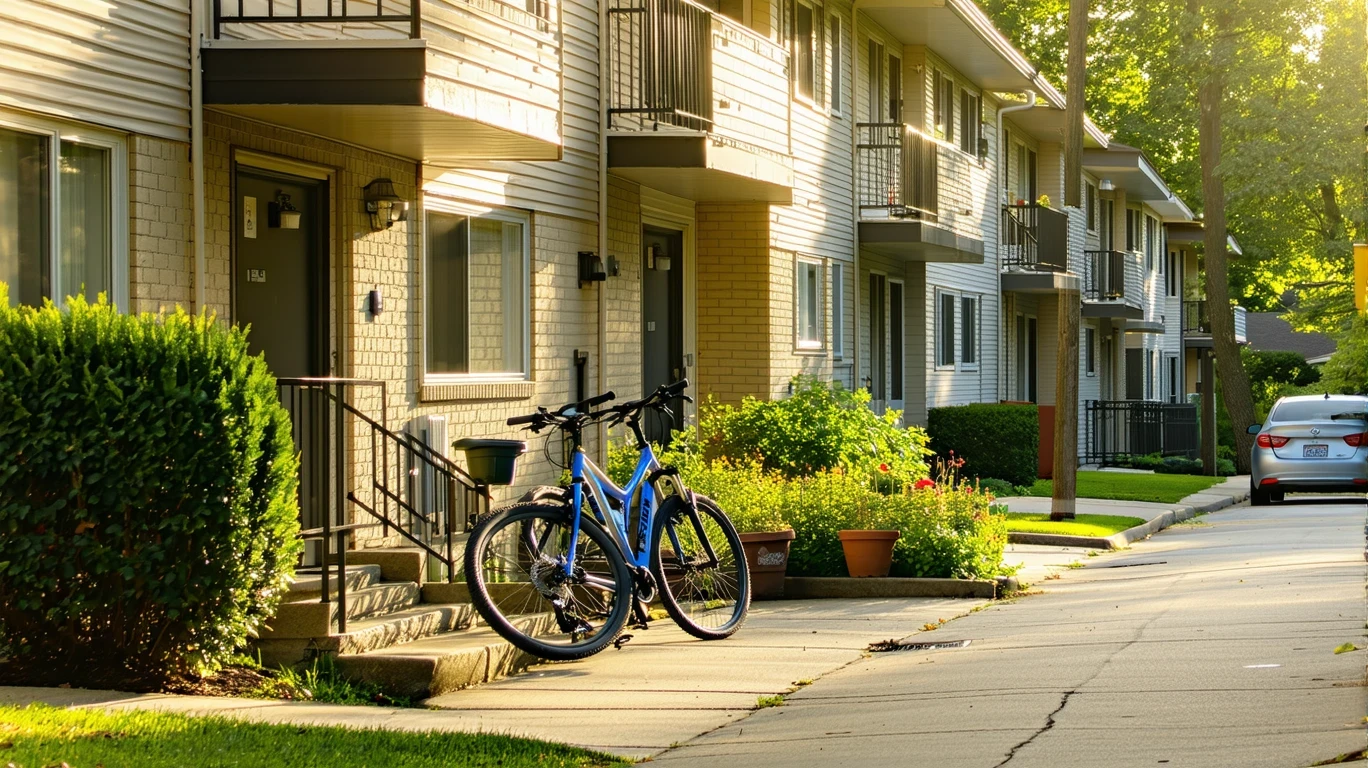 A row of small, tidy apartment buildings with potted plants and bikes in Des Plaines, IL on a sunny day.
