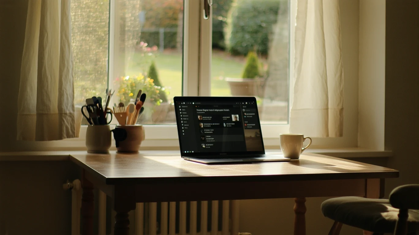 Person browsing streaming options on laptop in sunny kitchen