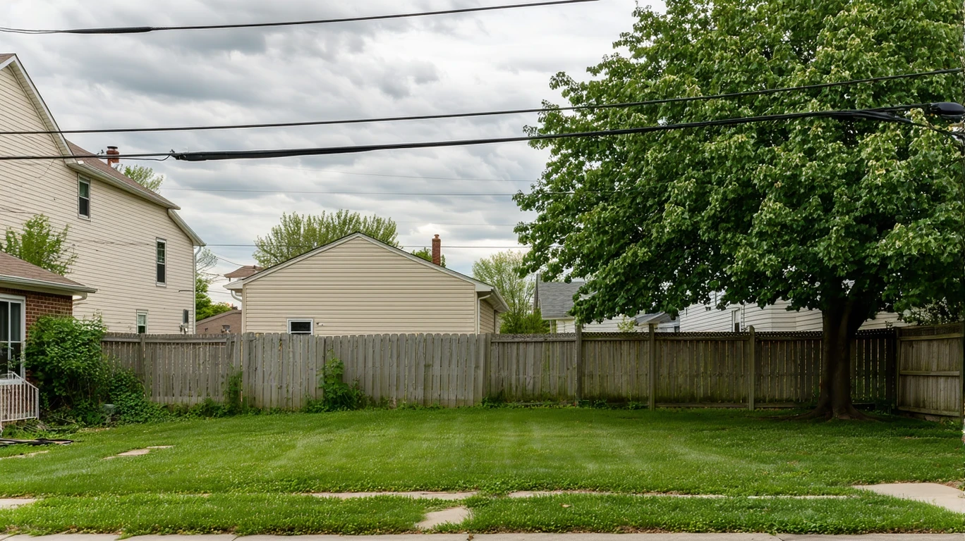 Backyard with overgrown lawn and leaning fence under stormy sky in Des Plaines neighborhood