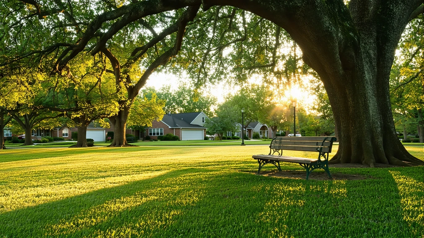 A quiet park lawn with empty benches beneath old oak trees, bathed in golden-hour light.