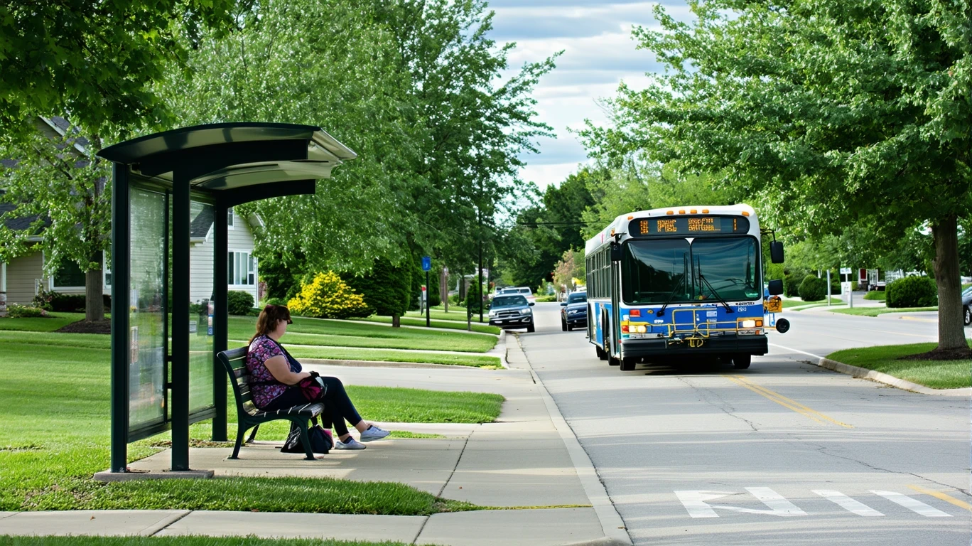A young woman waits at a suburban bus stop bench as a bus approaches on a tree-lined street.