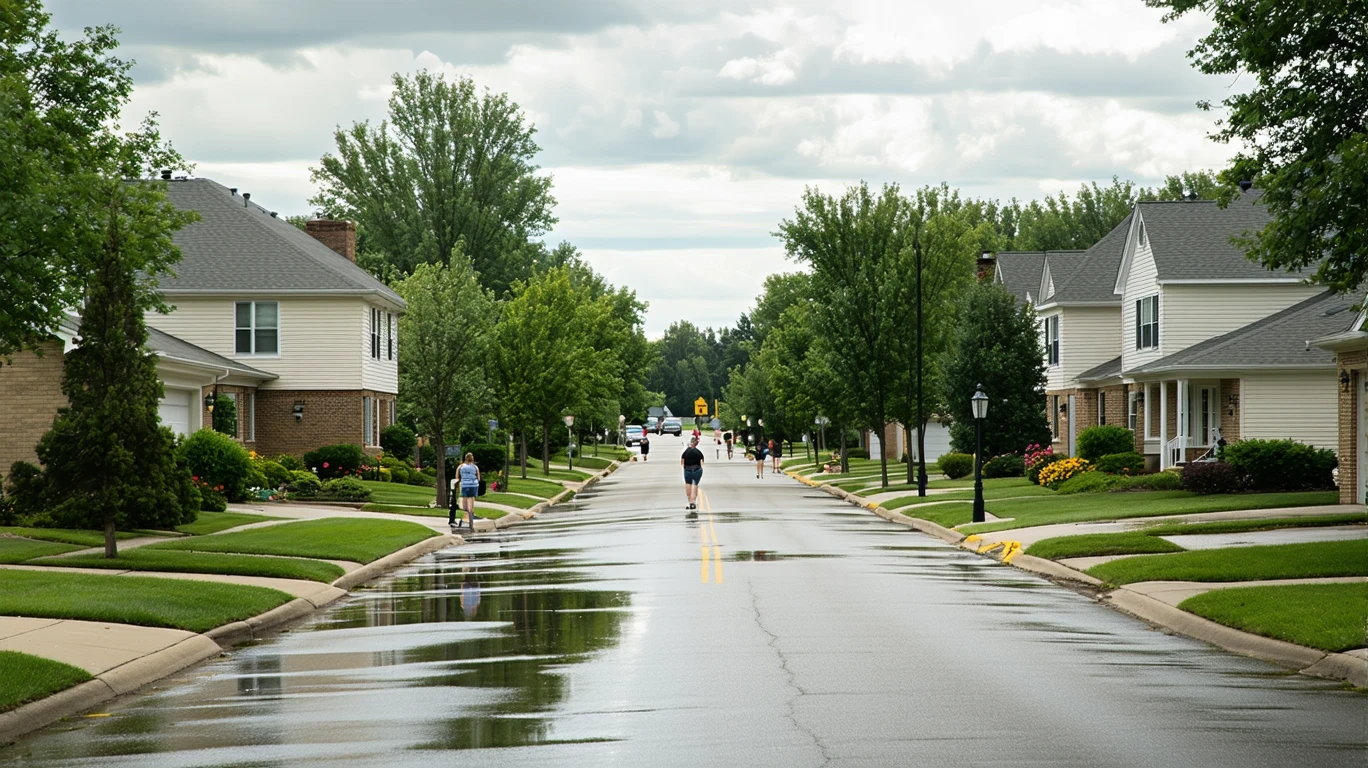 A suburban street in Des Plaines, Illinois after a rain shower, with wet asphalt, palm tree reflections in puddles, and people walking in the distance.
