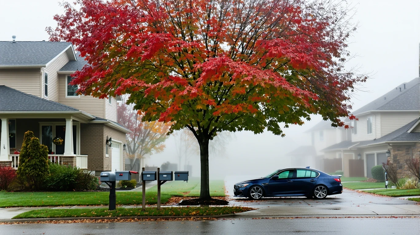 A foggy morning street in Draper, Utah with mailboxes, an old sedan, and homes visible through maple tree branches.