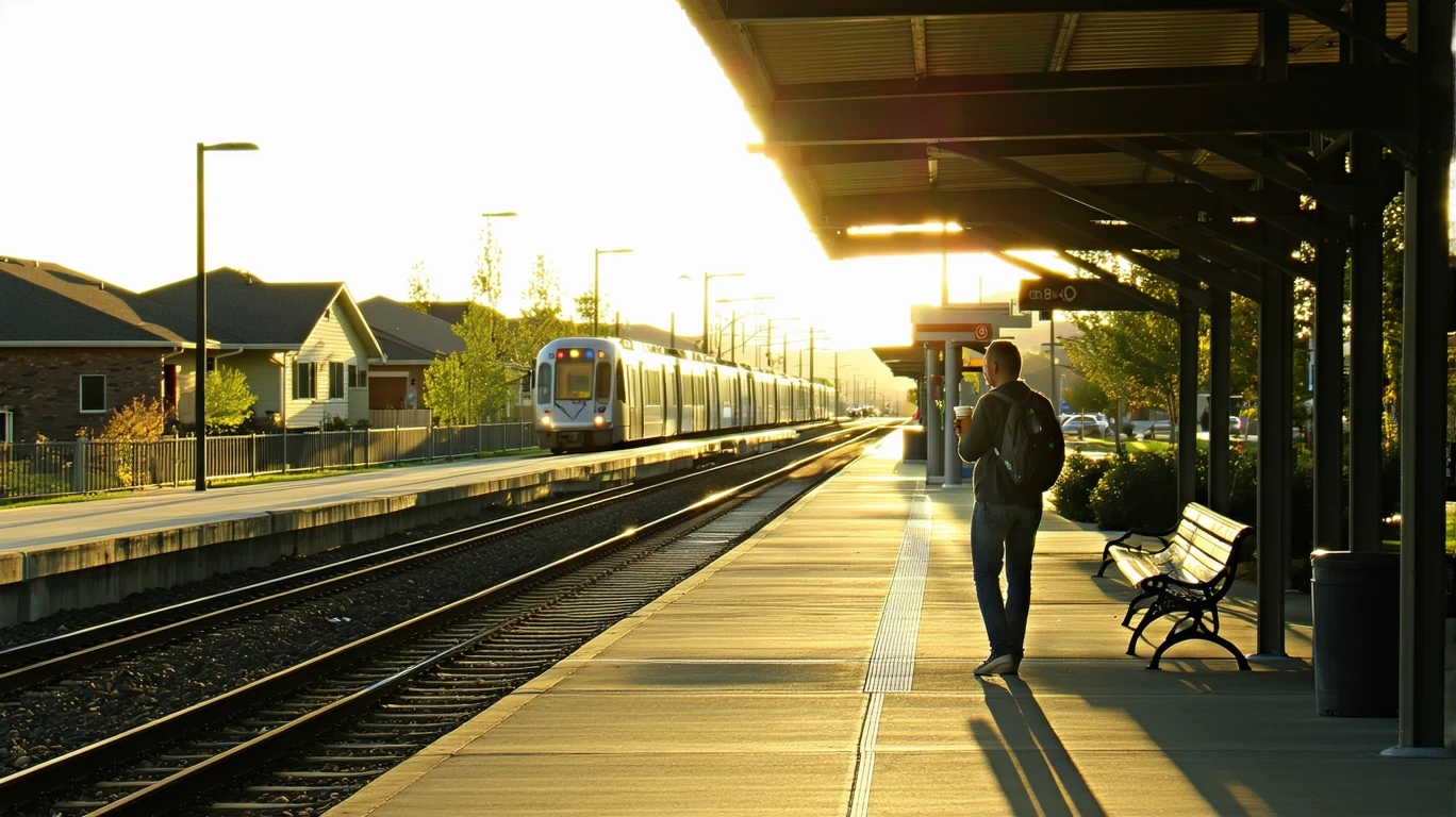 A commuter holding coffee waits alone on a suburban light rail platform at sunrise.