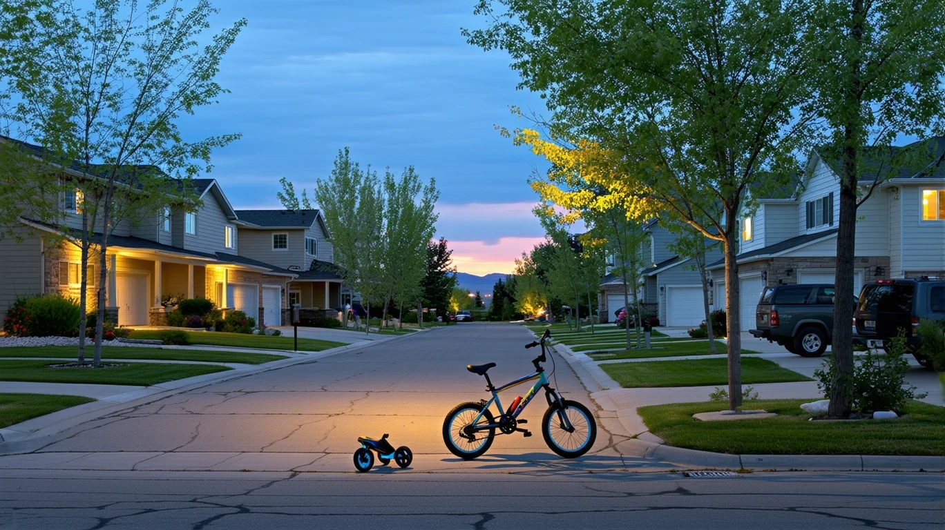 A quiet cul-de-sac in Draper, Utah at dusk, with porch lights illuminating modern homes and a child's bicycle lying near the curb.