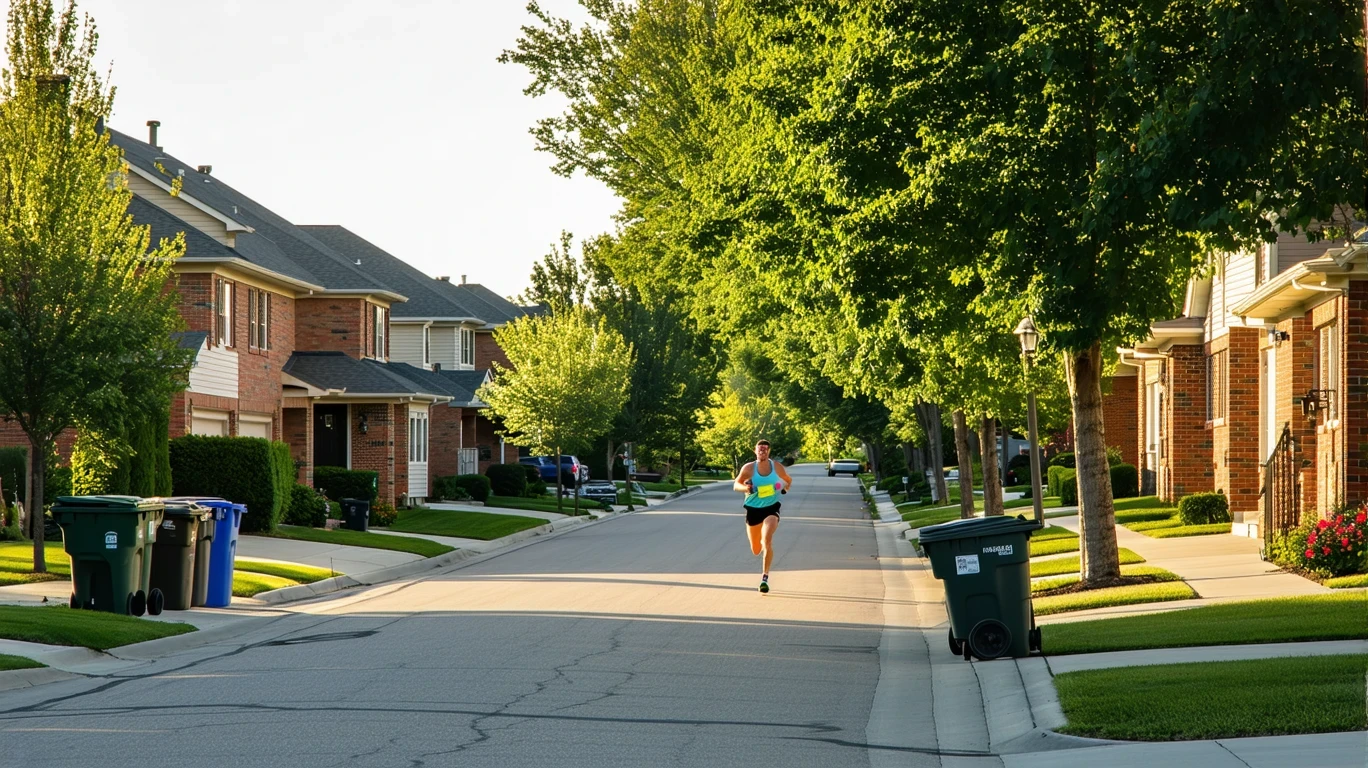 A jogger runs past rows of red-brick homes on a tree-lined suburban street in morning light.