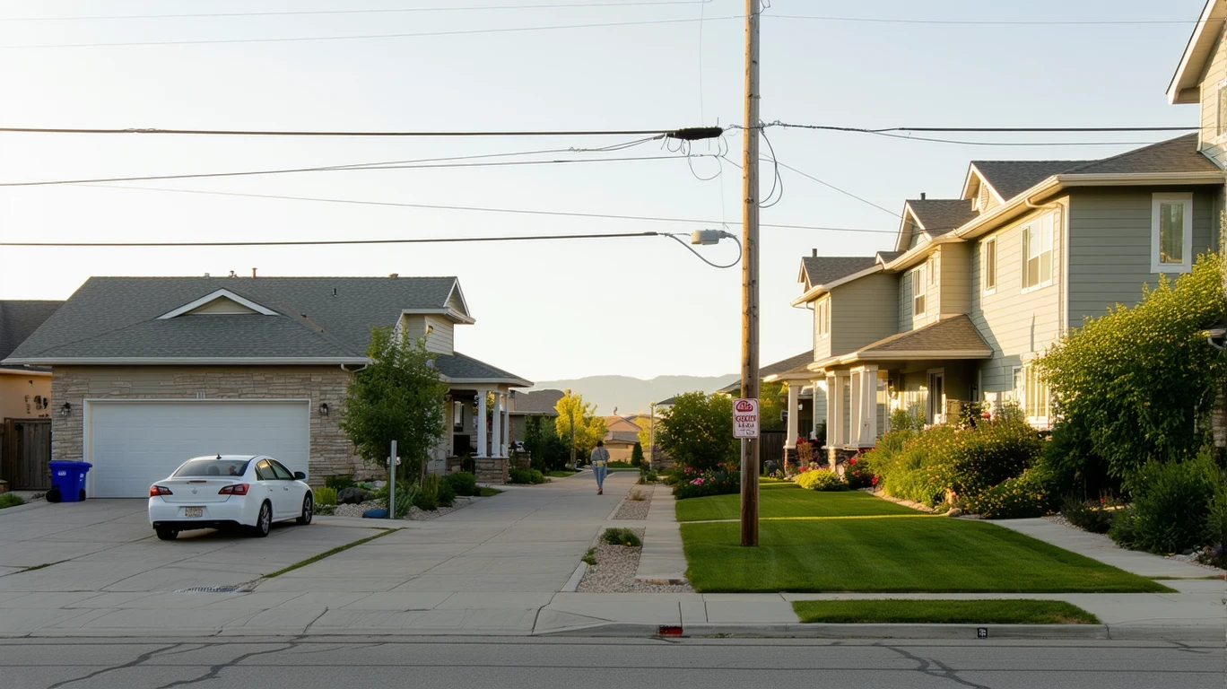 A residential street corner in Draper, Utah with houses, a parked car, and a person walking in the distance on a sunny day.