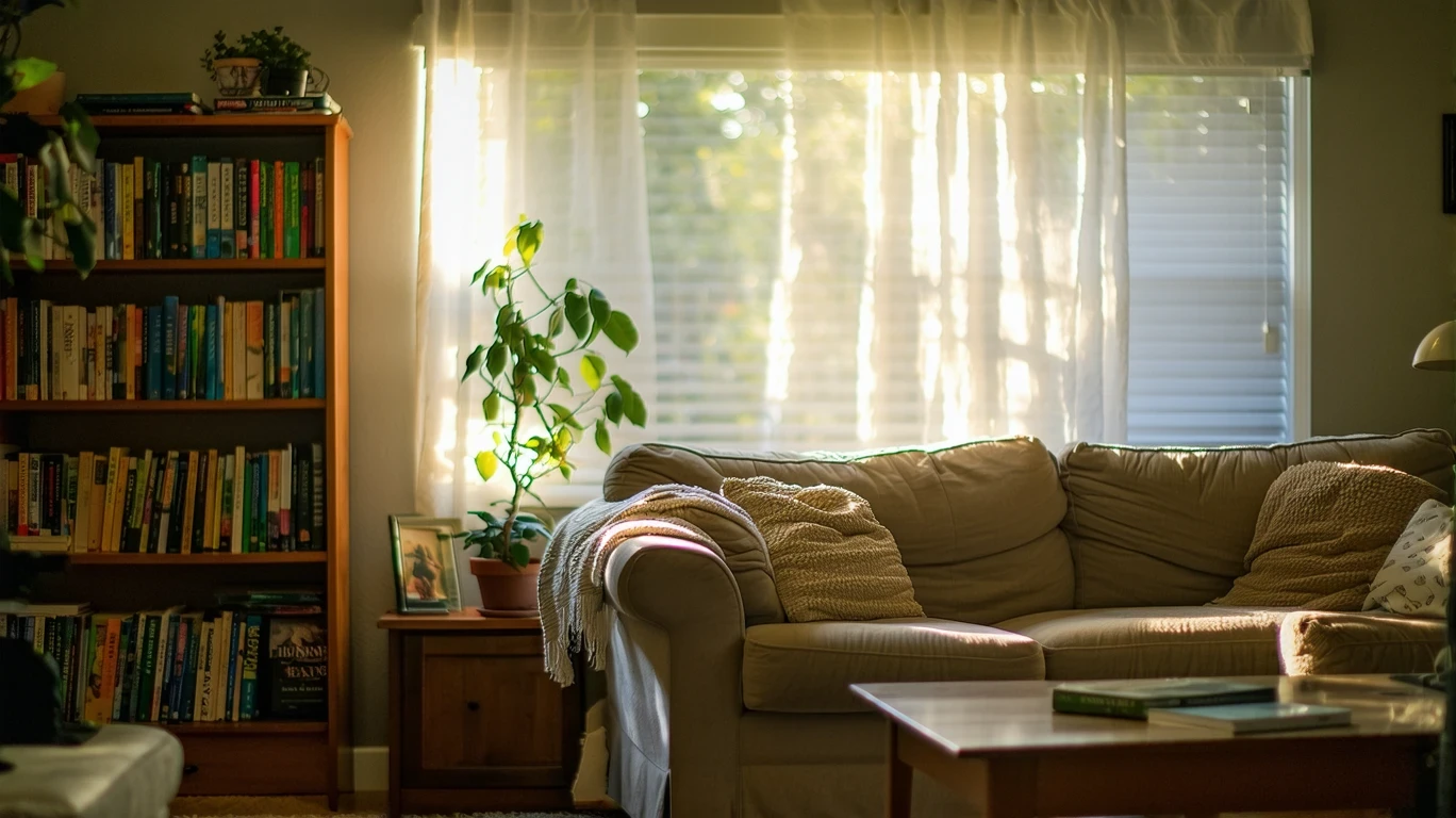 A sunlit living room with a couch and bookshelf in a Draper home.