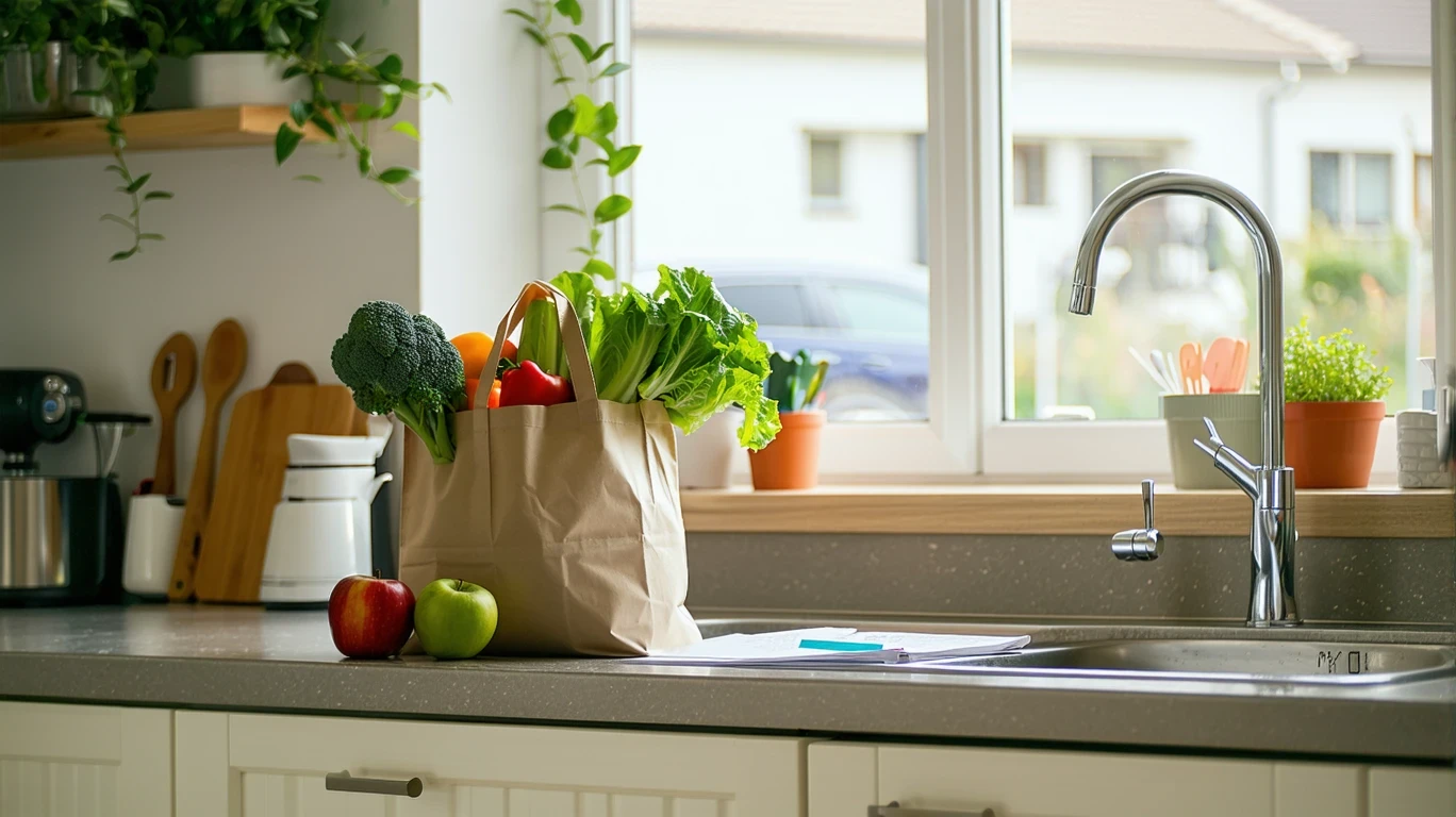 A grocery bag, shopping list, and receipts on a kitchen counter in a suburban home.