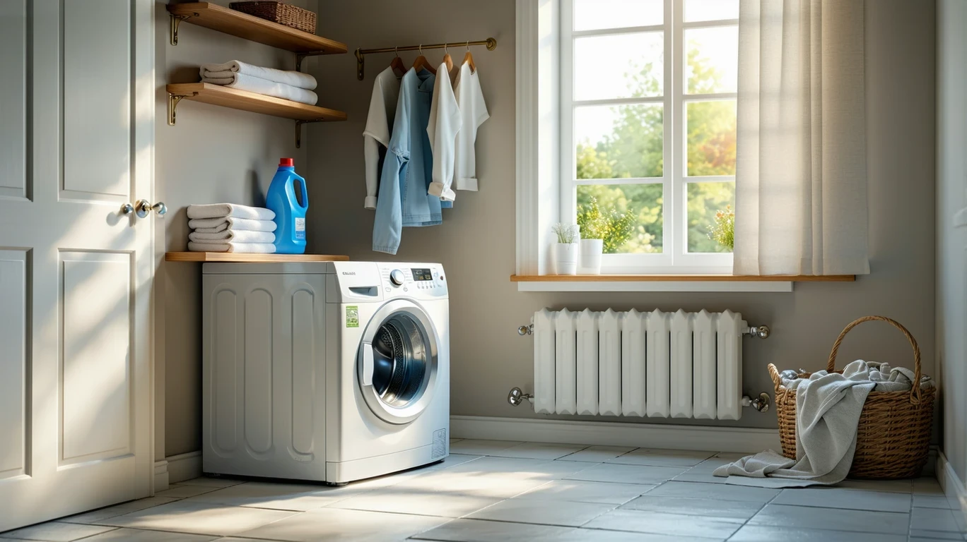 A top-loading washing machine in use, with detergent bottle on a shelf in a sunny laundry room.