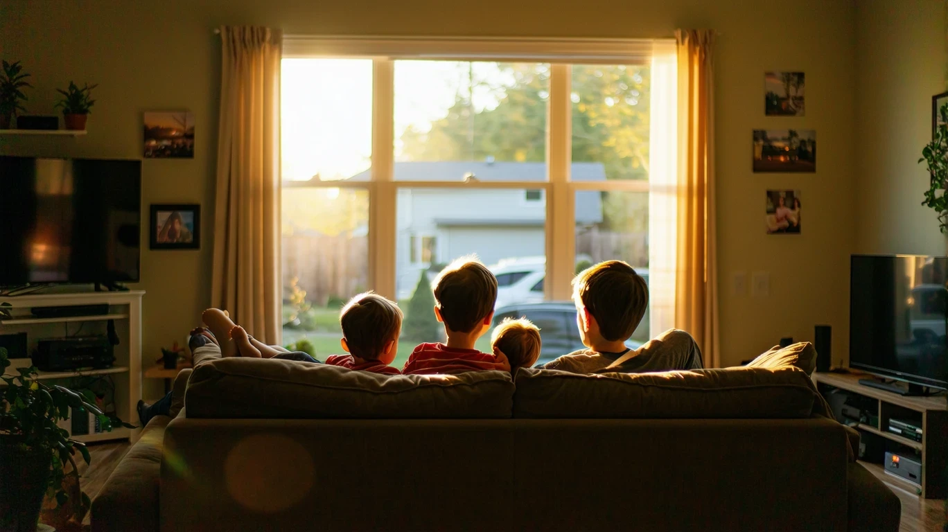 A family relaxing together on the couch watching TV in a cozy Draper living room.
