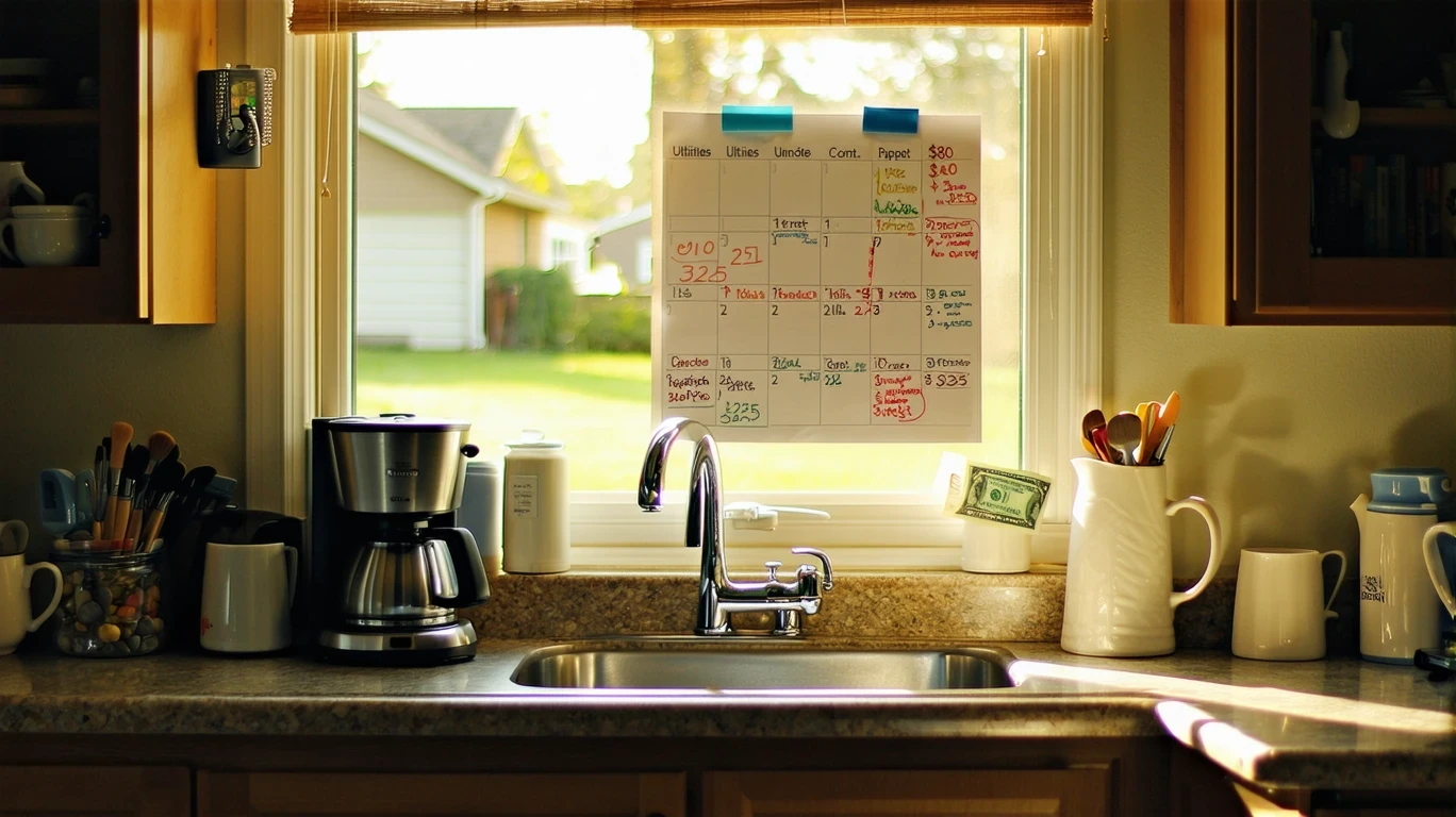 A calendar with circled payment dates pinned in a tidy suburban kitchen.