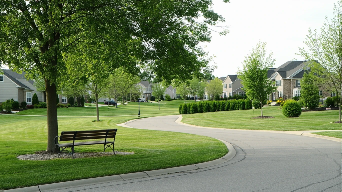 A view of a neighborhood park in Dublin, Ohio with a walking path, bench, and trees, seen from across a suburban street lined with hedges.